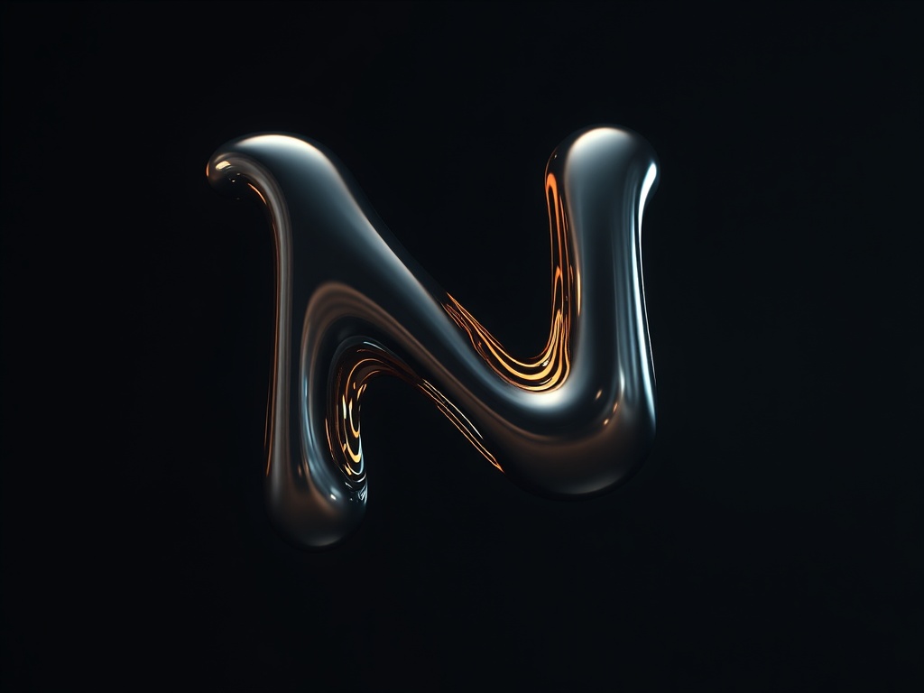Close-up of a stylized 'N' made of liquid metal, floating in dark space with subtle glow, 8k photorealistic.